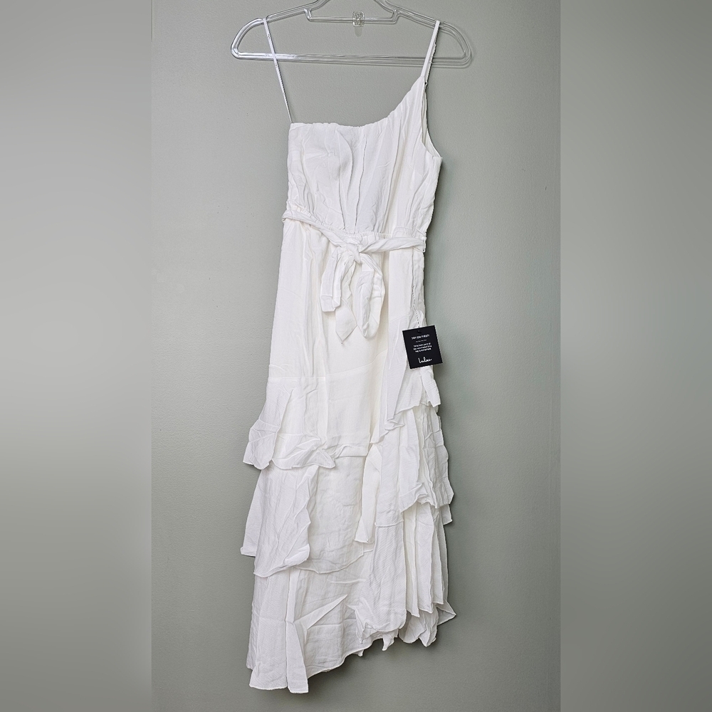 Lulus Slice Of Sunshine White One-Shoulder Asymmetrical Tiered Midi Dress, SMALL - Picture 8 of 11